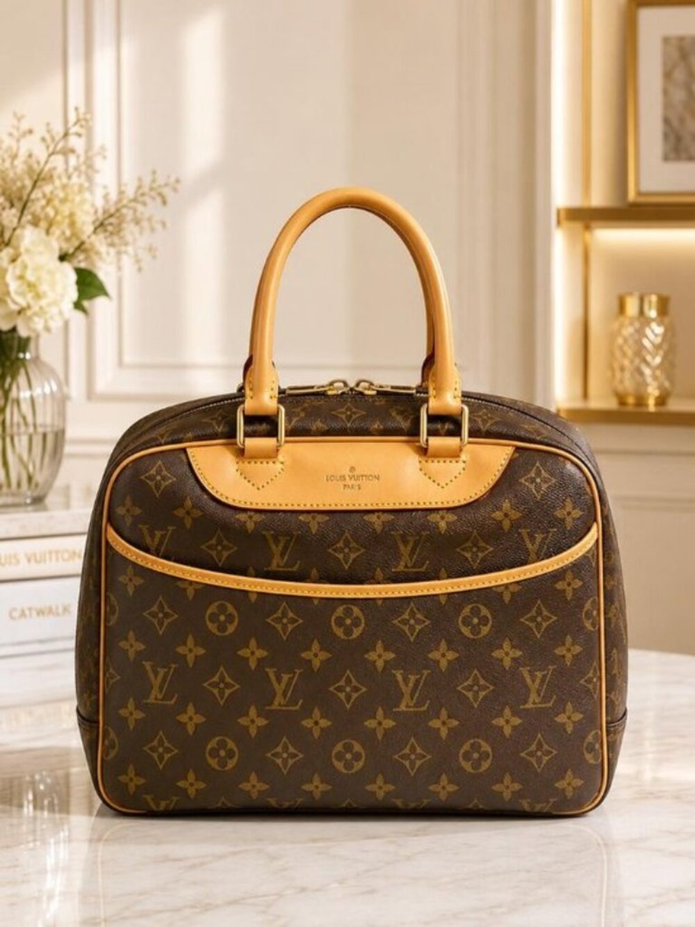 Authentic Louis Vuitton Deauville Monogram Canvas Handbag Travel Satchel Bag